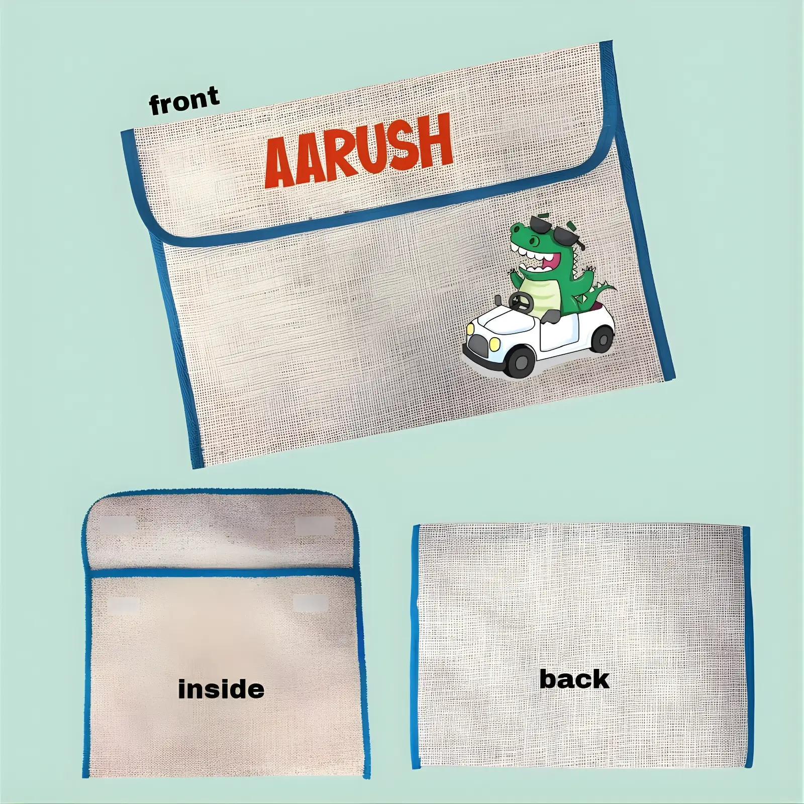 Personalized Dinosaur Driving Jute Folders All Side View