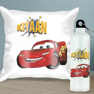 Personalized Carz Square Cushion And Metal Bottle Combo