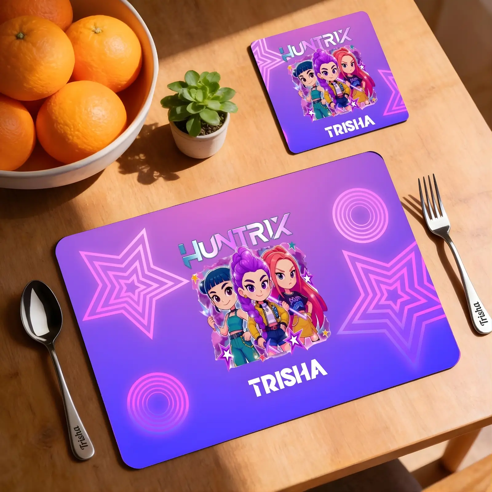 Personalized Chibi Pop Stars K -Pop Demon Hunter Placemat and Coaster Combo