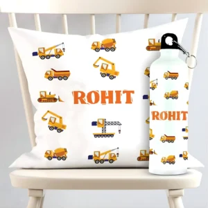 Personalized Construction Vehicles Square Cushion And Metal Bottle Combo