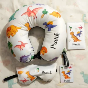 Personalized Dino Discovery Travel Neck Pillow, Passport Cover, Bag Tag and Eye Mask Combo
