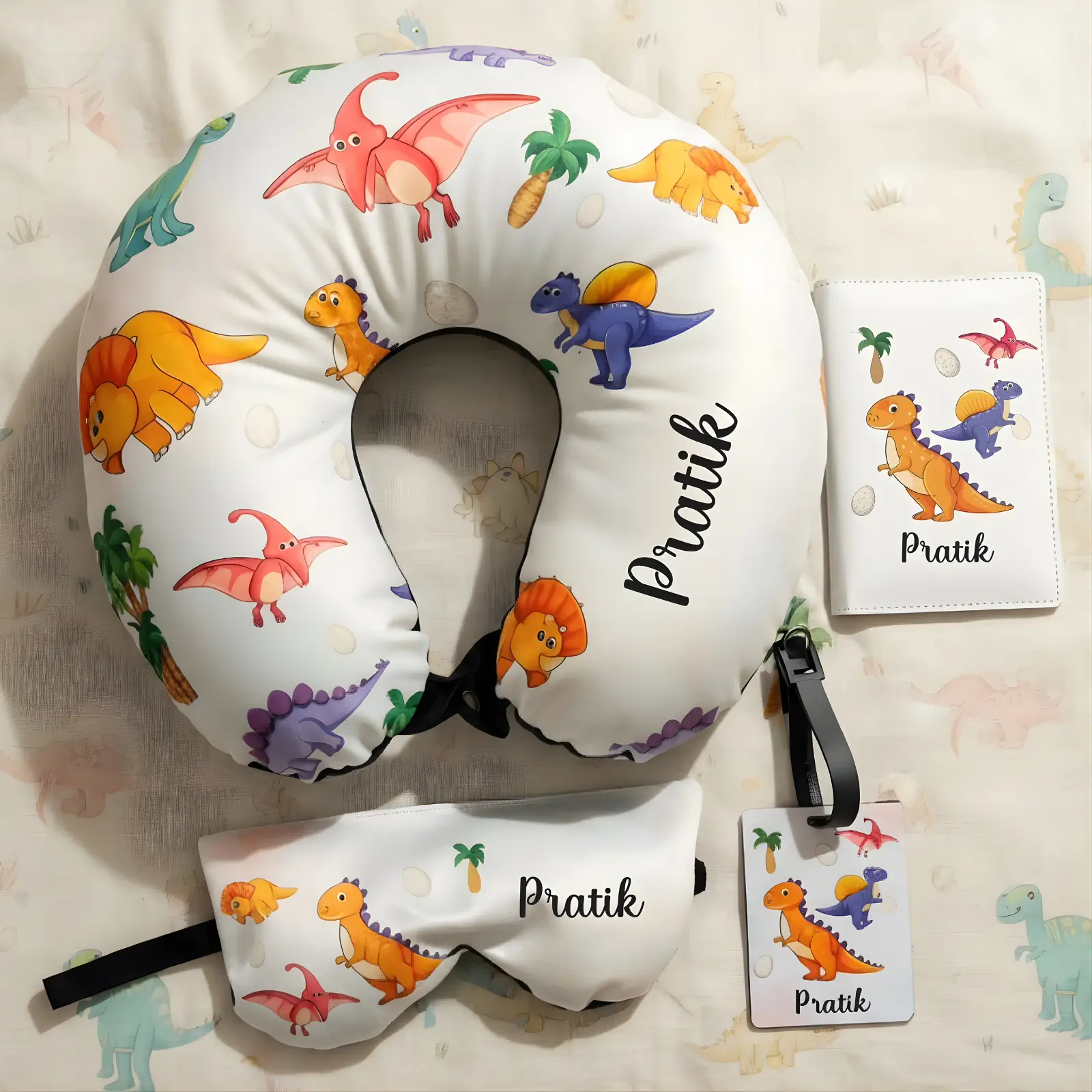 Personalized Dino Discovery Travel Neck Pillow, Passport Cover, Bag Tag and Eye Mask Combo