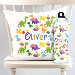 Personalized Dinosaur Square Cushion And Metal Bottle Combo