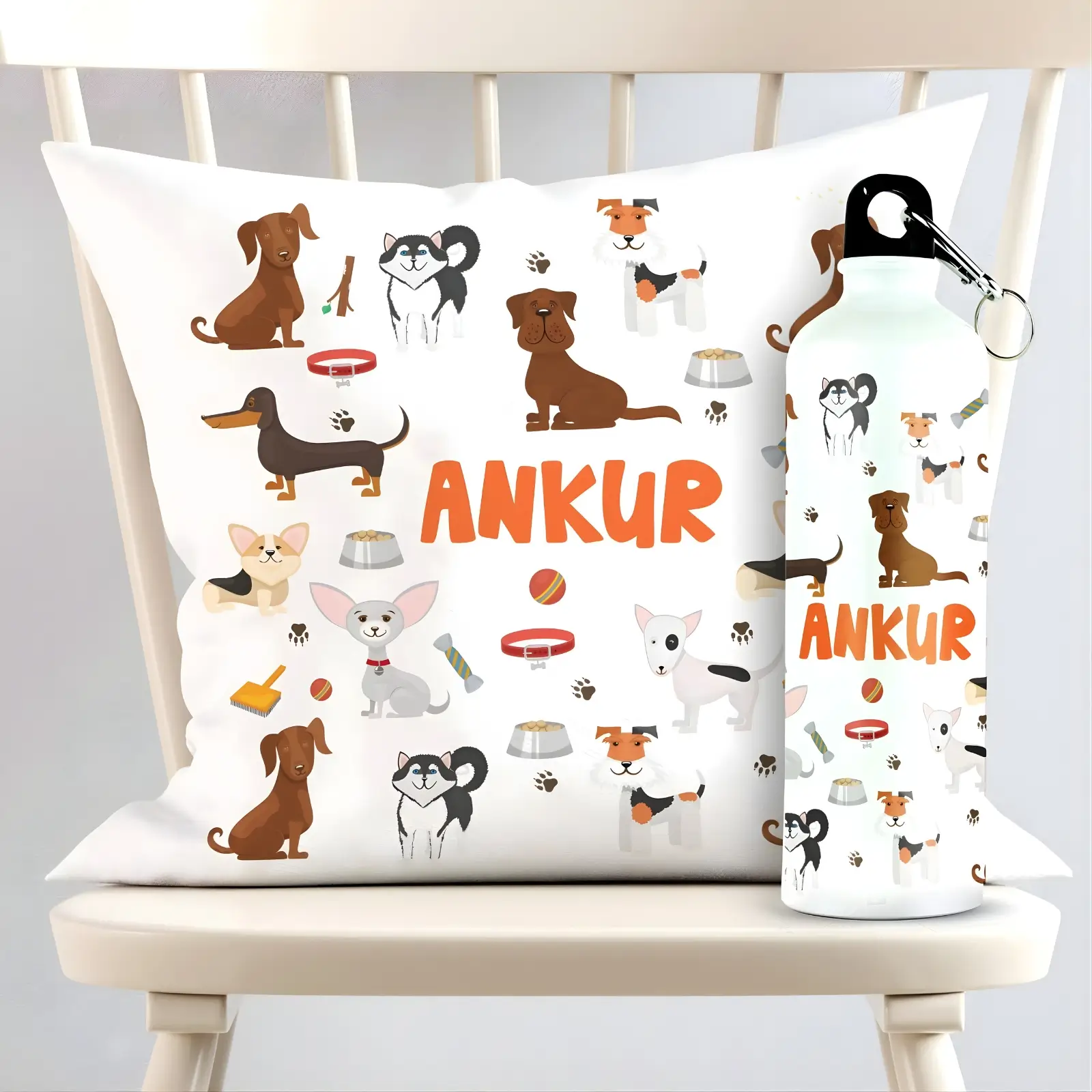 Personalized Dinosaur Square Cushion And Metal Bottle Combo