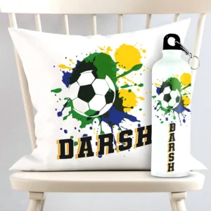 Personalized Football Splatter Square Cushion And Metal Bottle Combo