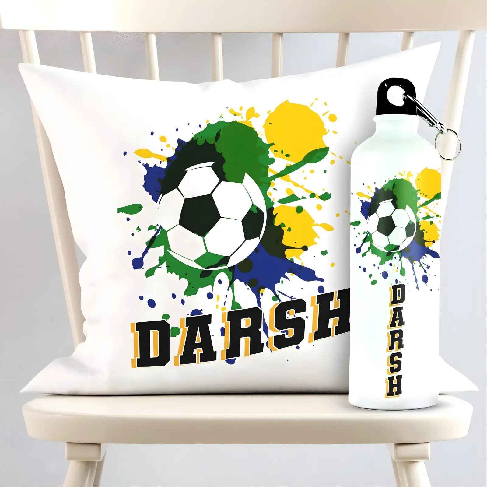 Personalized Football Splatter Square Cushion And Metal Bottle Combo