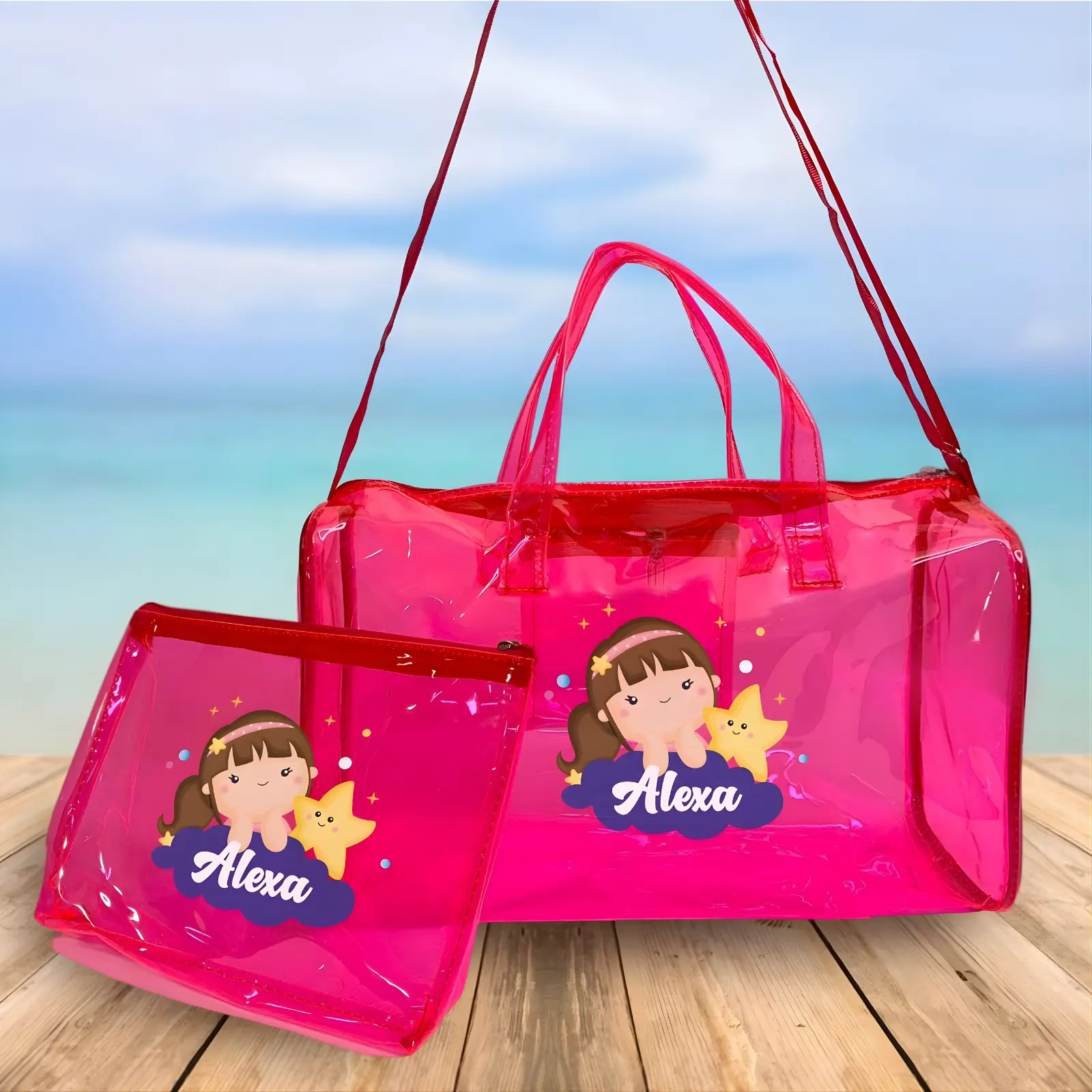 Personalized Girl & Star Jelly Duffle Bag and Pouch Combo