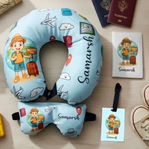 Personalized Global Wanderer Boy Set Travel Neck Pillow, Passport Cover, Bag Tag and Eye Mask Combo