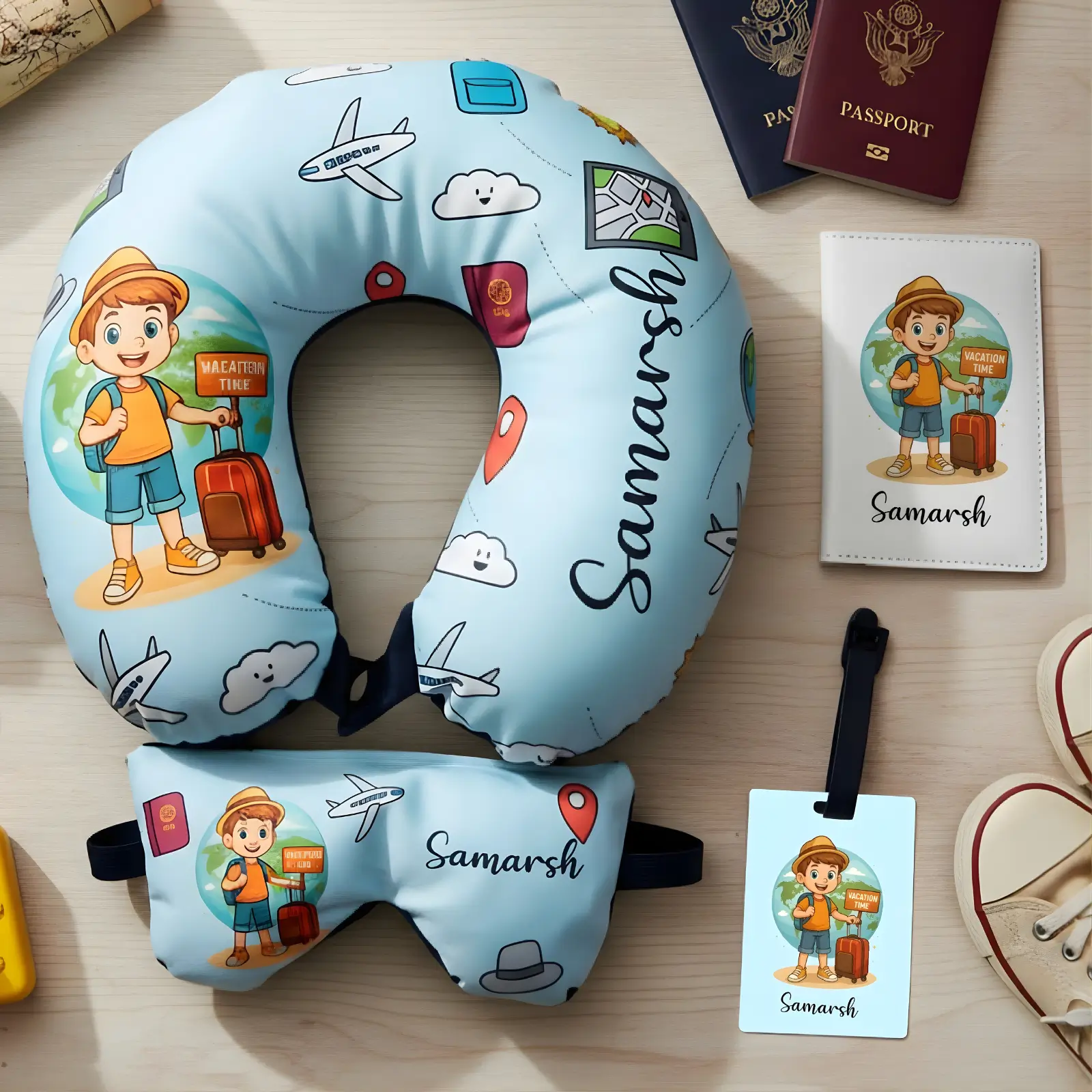 Personalized Global Wanderer Boy Set Travel Neck Pillow, Passport Cover, Bag Tag and Eye Mask Combo
