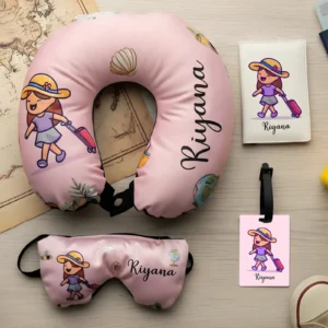Personalized Happy Traveler Travel Neck Pillow, Passport Cover, Bag Tag and Eye Mask Combo