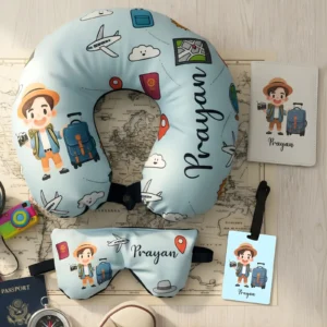 Personalized Happy World Traveler Set Travel Neck Pillow, Passport Cover, Bag Tag and Eye Mask Combo