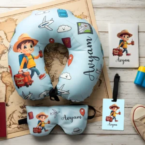 Personalized Little Explorer Adventure Travel Neck Pillow, Passport Cover, Bag Tag and Eye Mask Combo