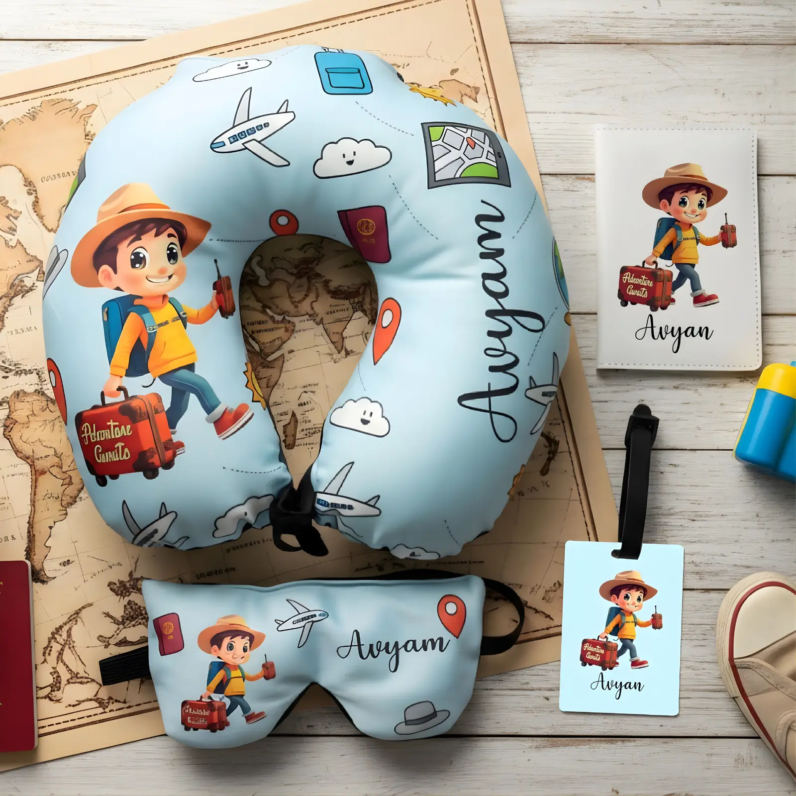Personalized Little Explorer Adventure Travel Neck Pillow, Passport Cover, Bag Tag and Eye Mask Combo