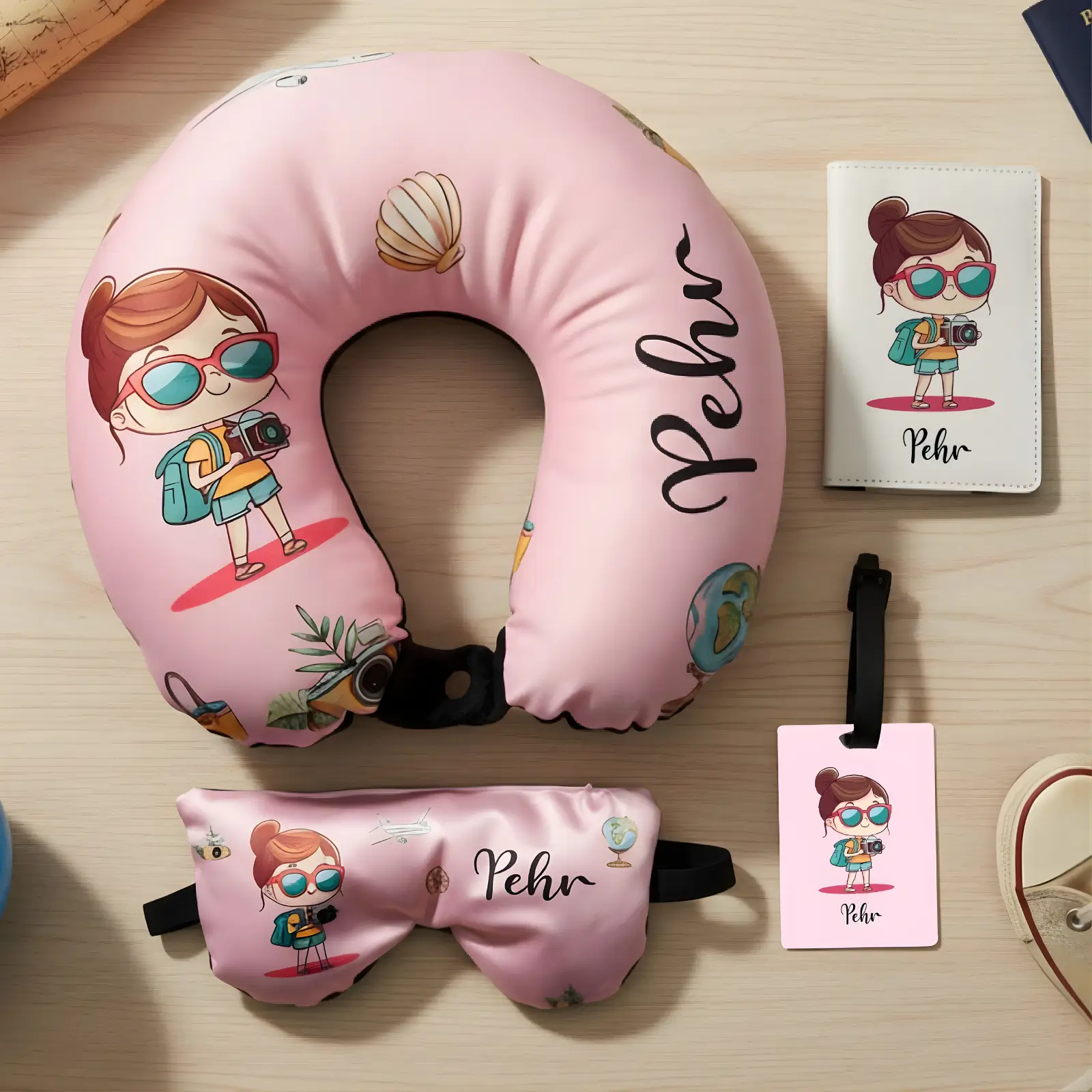 Personalized Little Photographer Travel Neck Pillow, Passport Cover, Bag Tag and Eye Mask Combo