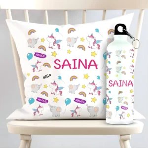 Personalized Magical Unicorns & Elephants Square Cushion And Metal Bottle Combo