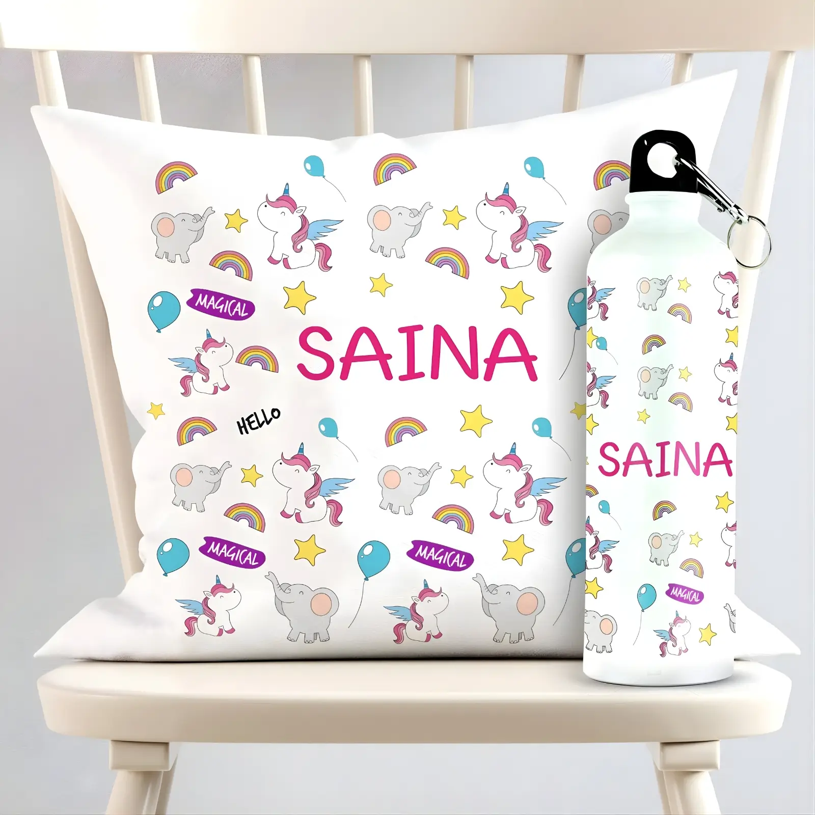 Personalized Magical Unicorns & Elephants Square Cushion And Metal Bottle Combo
