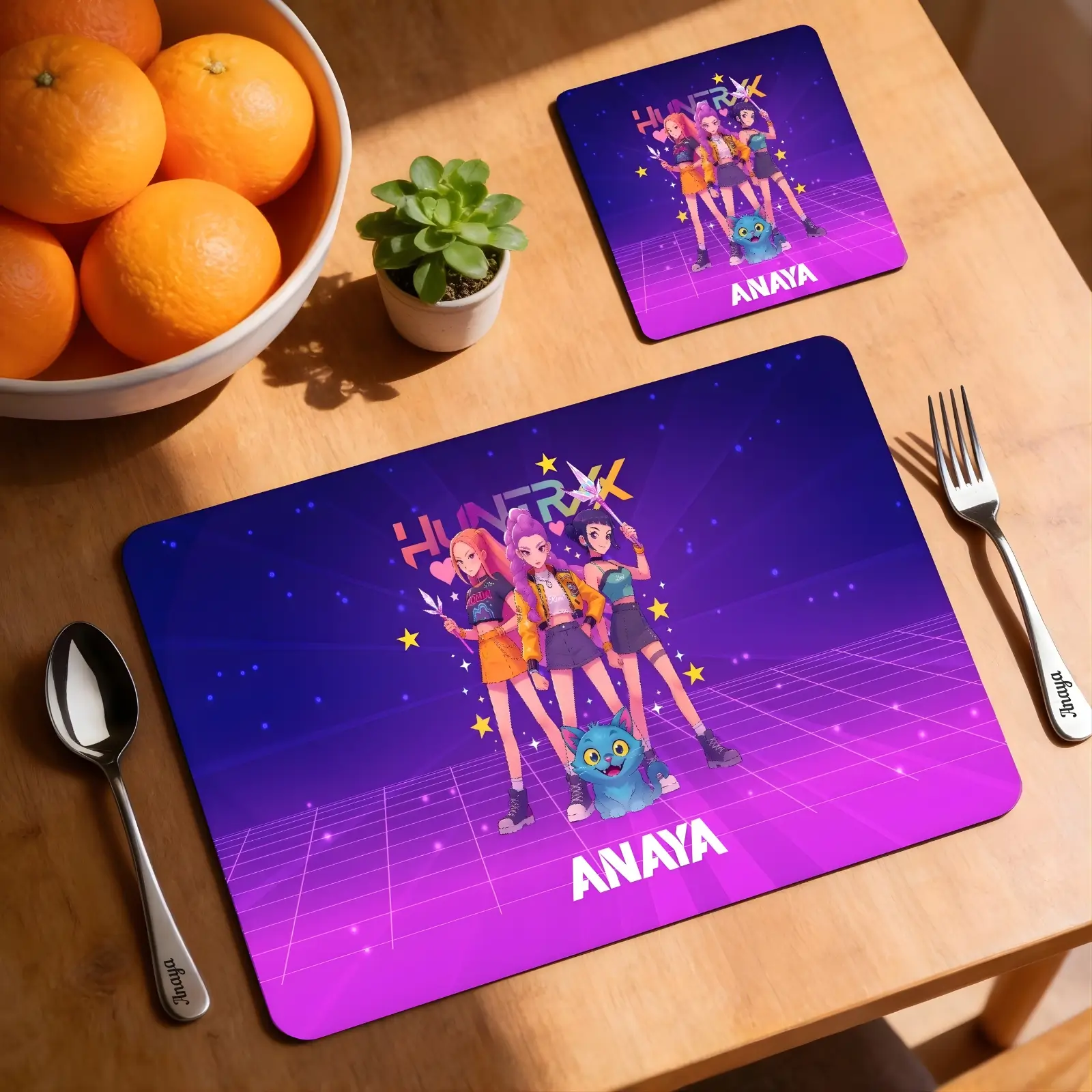 Personalized Neon Grid Squad K -Pop Demon Hunter Placemat and Coaster Combo