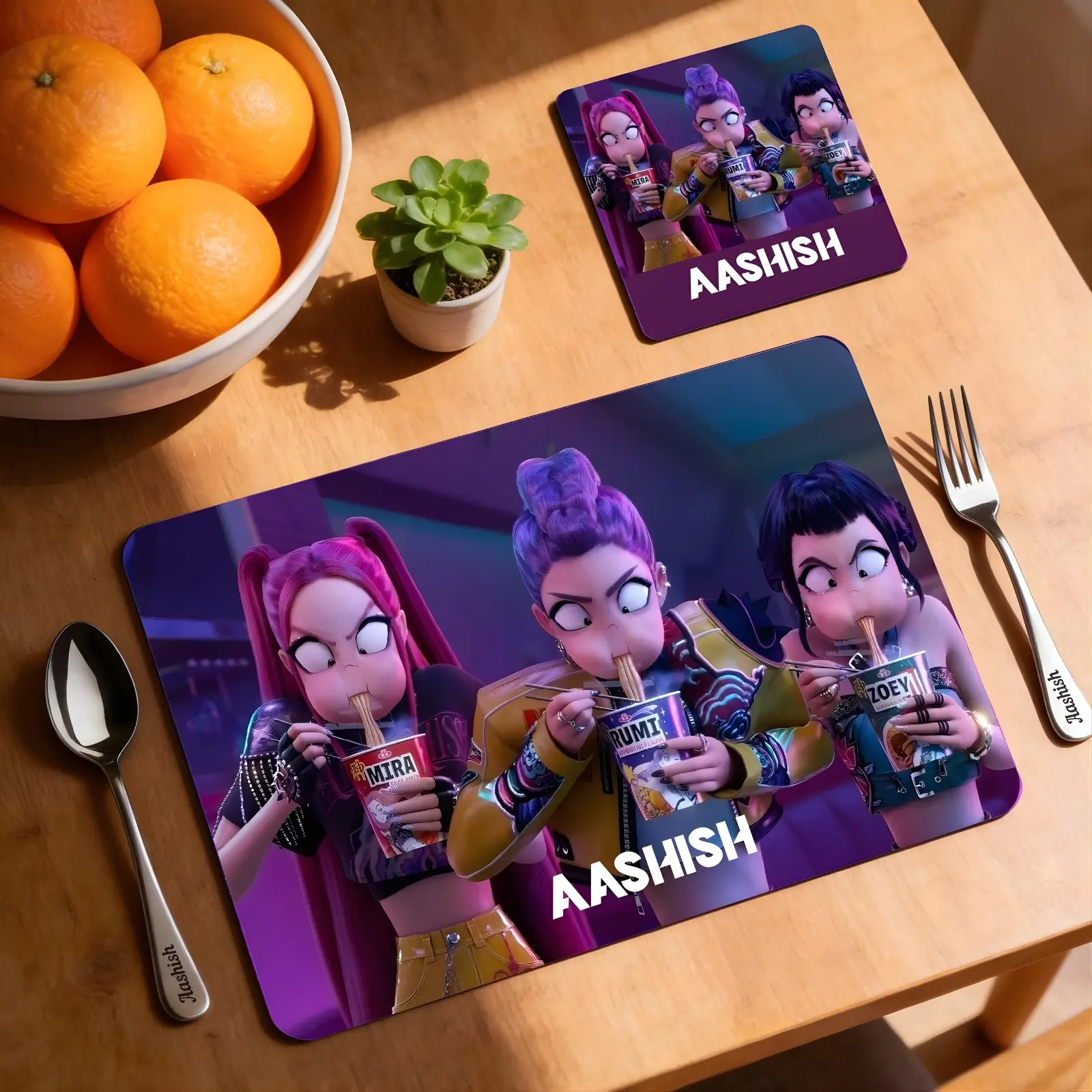 Personalized Noodle Break Chaos K -Pop Demon Hunter Placemat and Coaster Combo