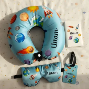 Personalized Outer Space Rocket Set Travel Neck Pillow, Passport Cover, Bag Tag and Eye Mask Combo