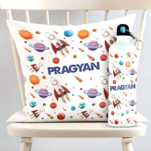 Personalized Outer Space & Rockets Square Cushion And Metal Bottle Combo