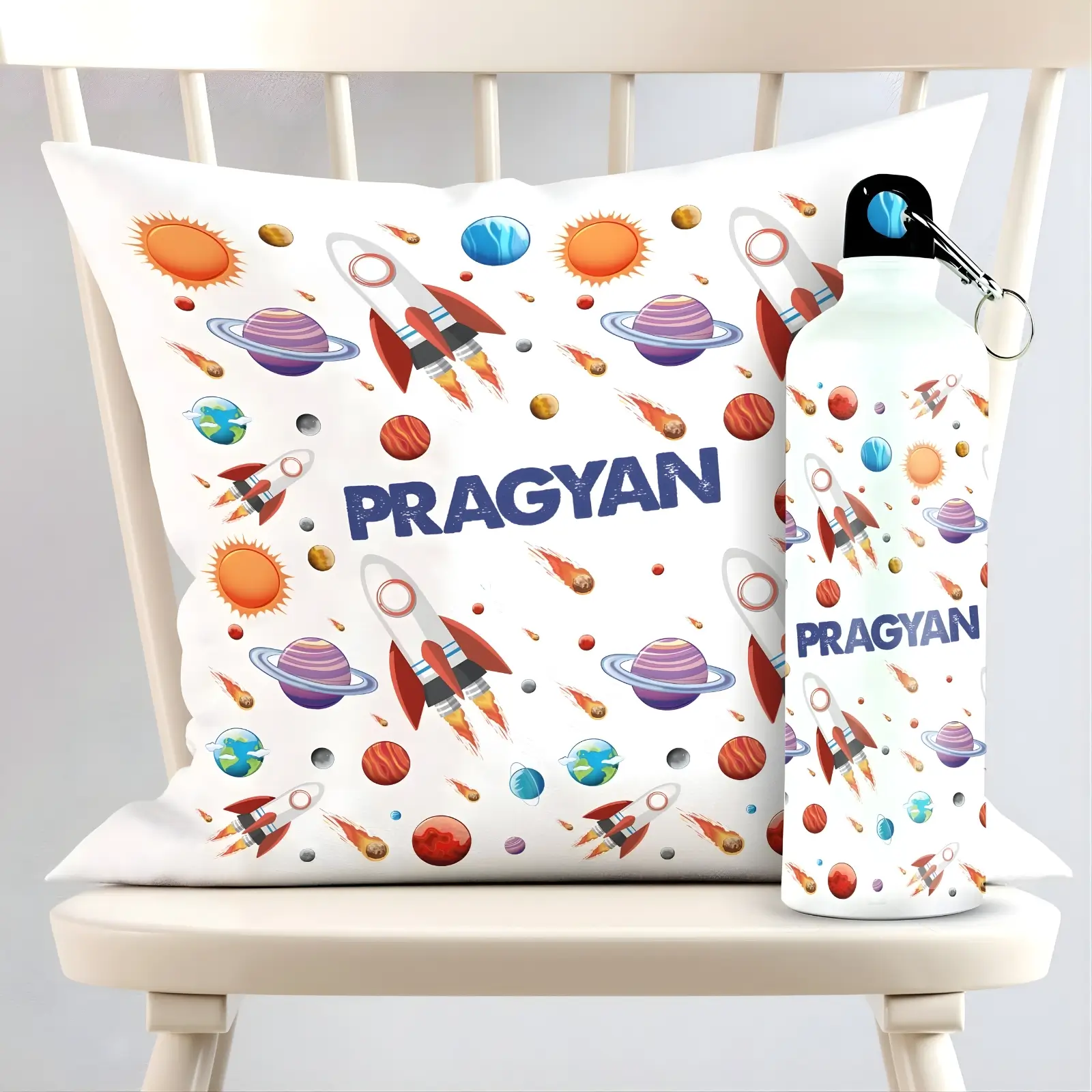 Personalized Outer Space & Rockets Square Cushion And Metal Bottle Combo
