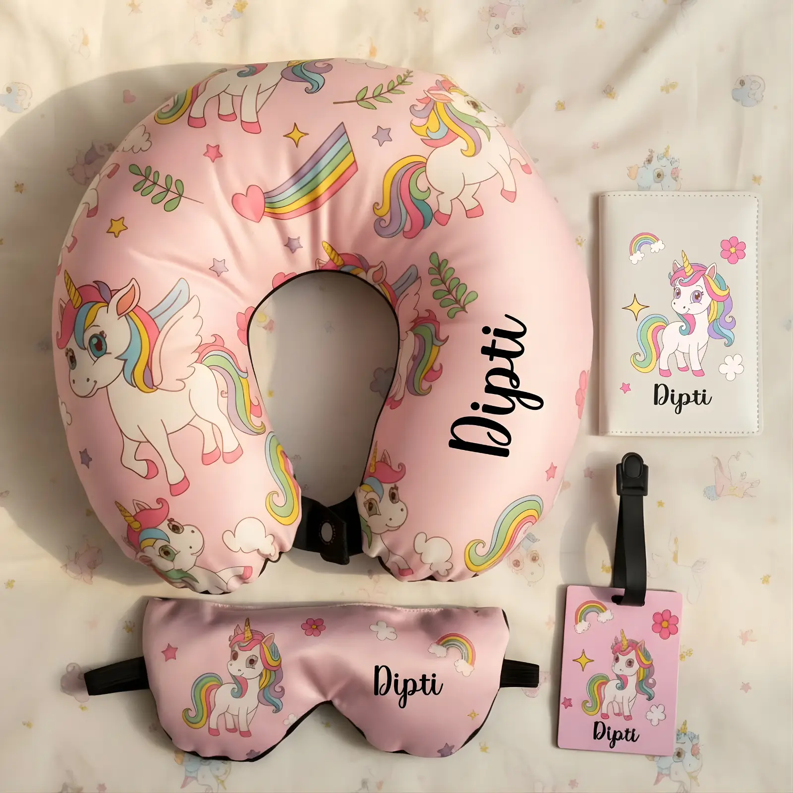 Personalized Pink Magical Unicorn Set Travel Neck Pillow, Passport Cover, Bag Tag and Eye Mask Combo