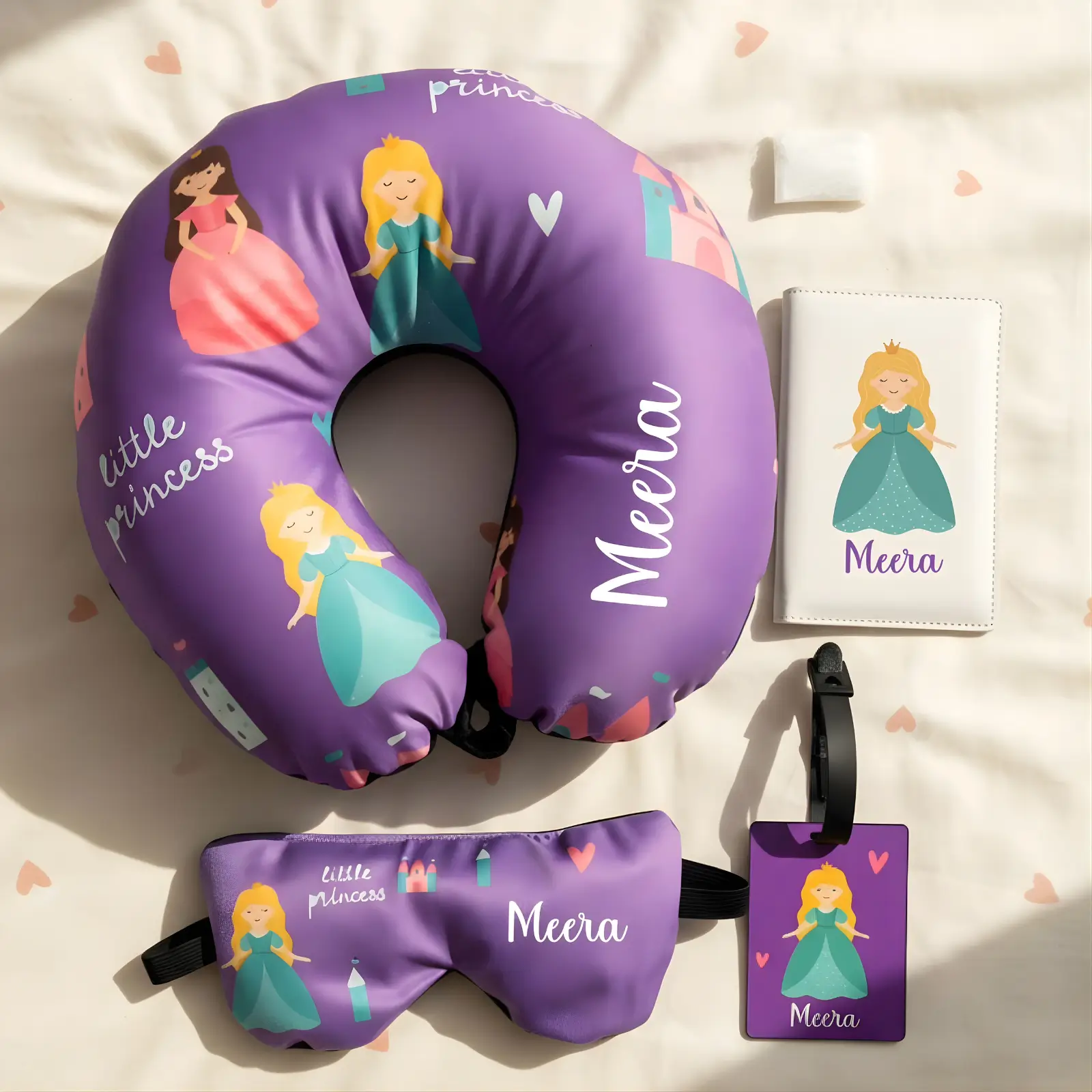 Personalized Royal Little Princess Set Travel Neck Pillow, Passport Cover, Bag Tag and Eye Mask Combo