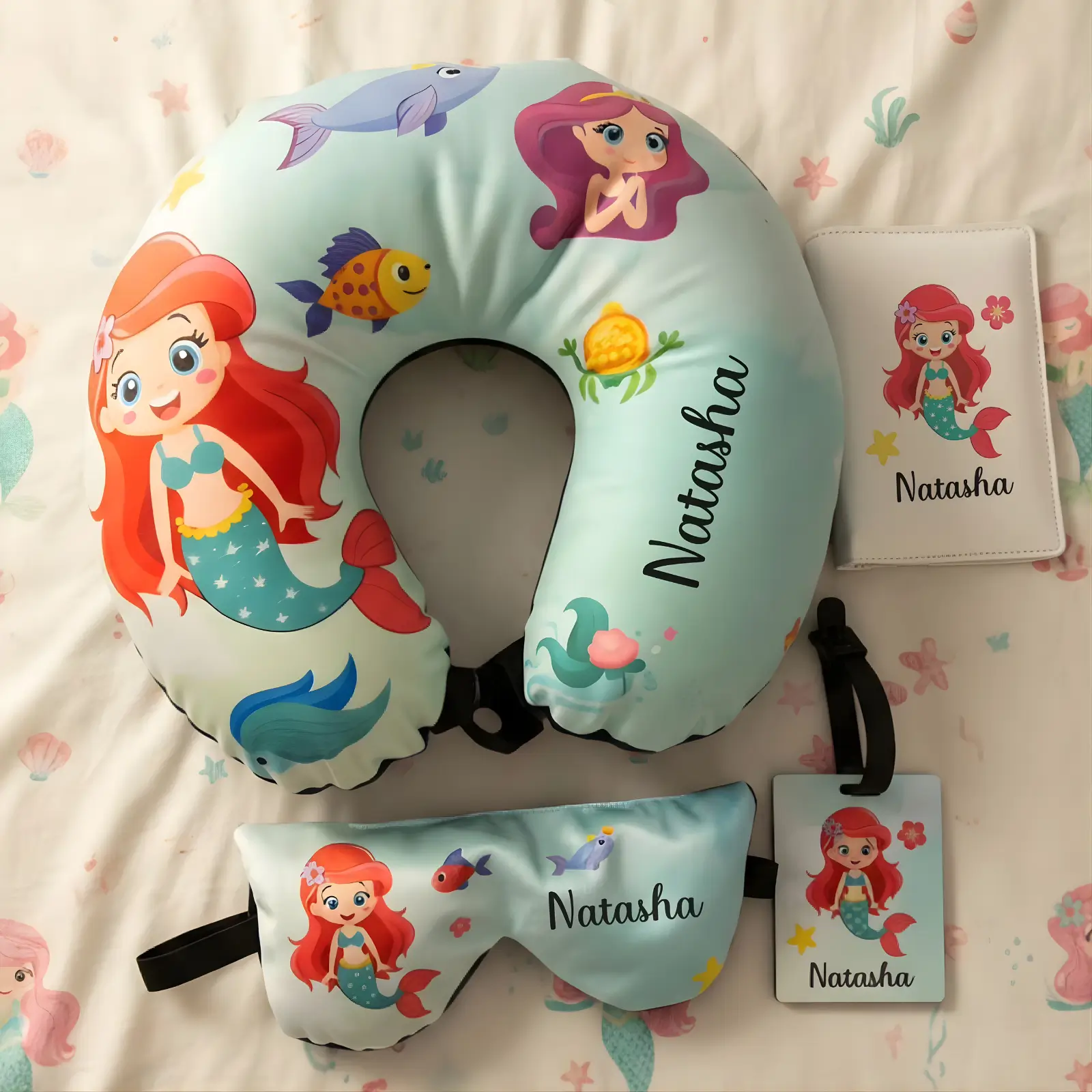 Personalized Under the Sea Mermaid Set Travel Neck Pillow, Passport Cover, Bag Tag and Eye Mask Combo