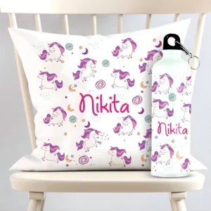 Personalized Unicorn Square Cushion And Metal Bottle Combo