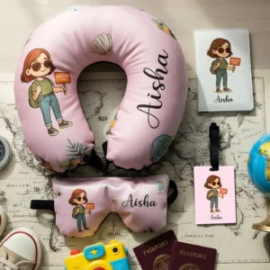 Personalized Vacation Time Girl Set Travel Neck Pillow, Passport Cover, Bag Tag and Eye Mask Combo